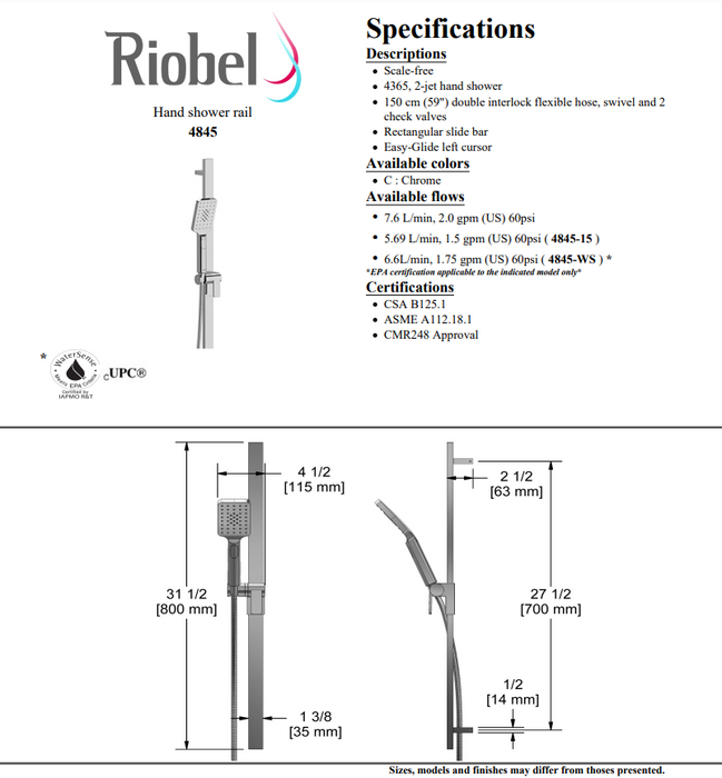 Riobel 4845BG Hand Shower Rail- BRUSHED GOLD