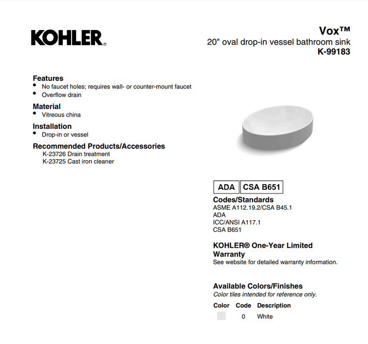 KOHLER K99183-0 Vox Vitreous China Oval Vessel Bathroom Sink with Overflow