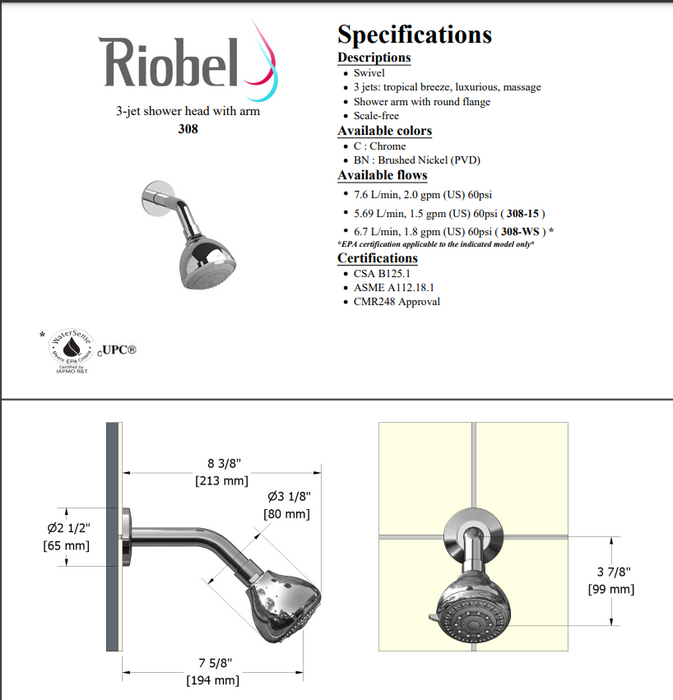 Riobel 308  4" 3-Function Showerhead With Arm