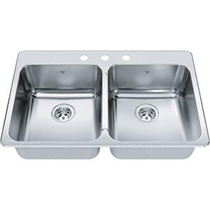 Kindred QDLA2233-8-3 3-Hole 2 Bowl Drop-In Sink - Stainless Steel